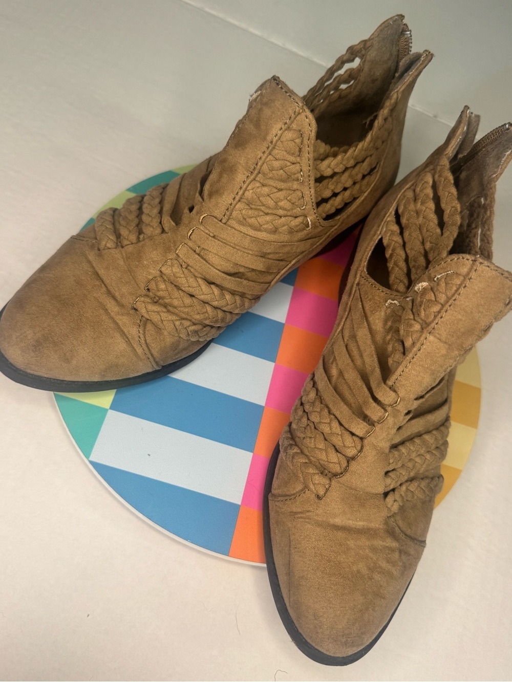 Etcetera Braided Suede-Look Ankle Booties - Tan